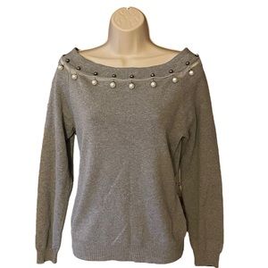 Alberto Malaki off shoulder grey sweater pearls